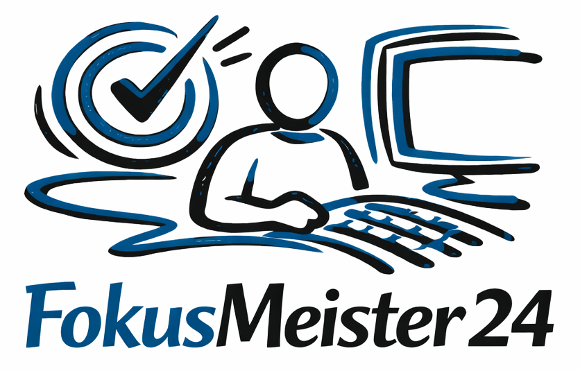 FokusMeister24 – Logo mit Fokus-, Arbeitsplatz- und IT-Motiven